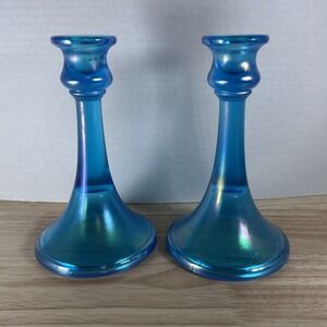 Northwood Candle Holders Celestial Blue Stretch Glass 7" Rainbow Sheen